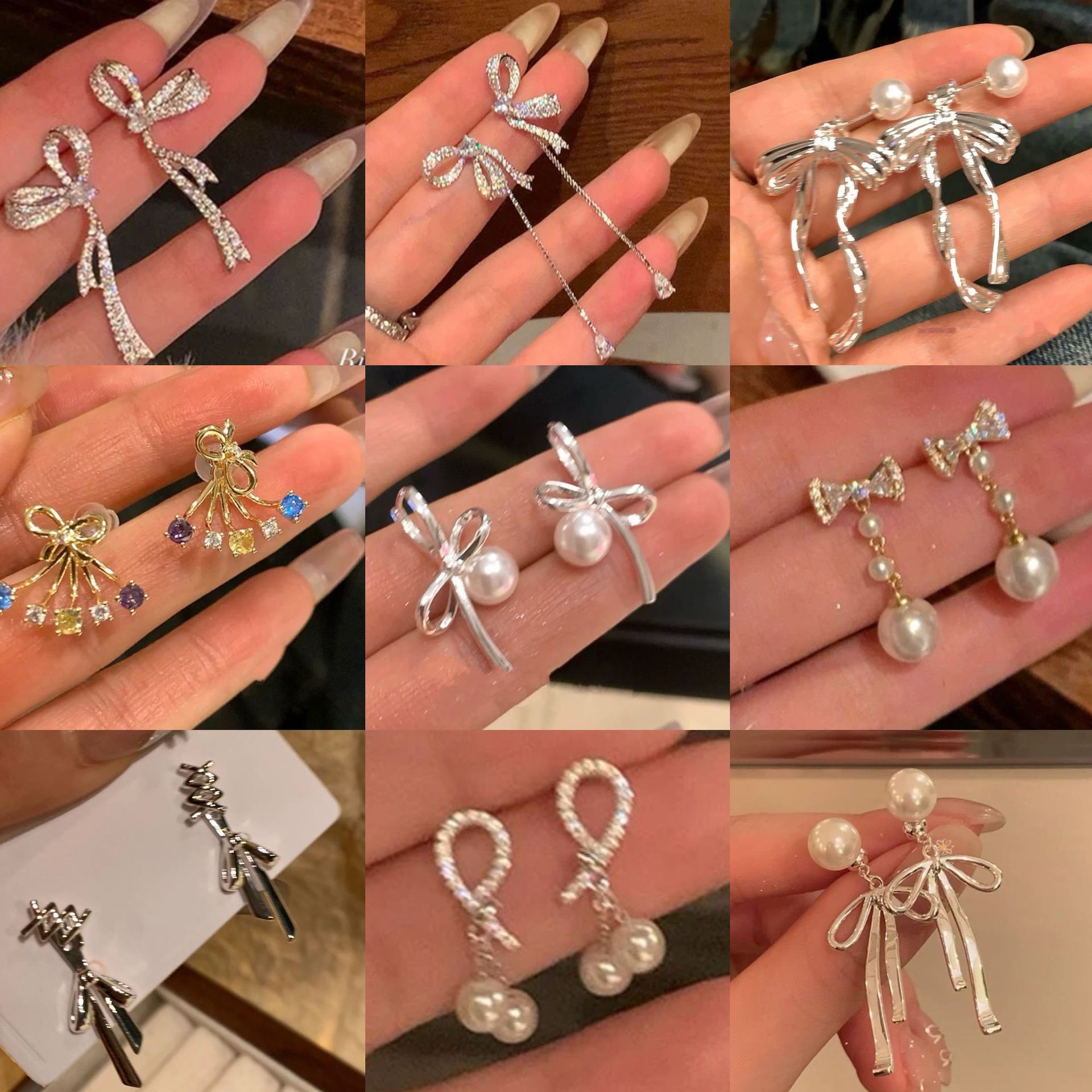 Aguja de plata Pendientes de lazo de diamantes coreanos Pendientes de temperamento de moda de todo fósforo Pendientes de diseño de nicho Sentido de lujo ligero