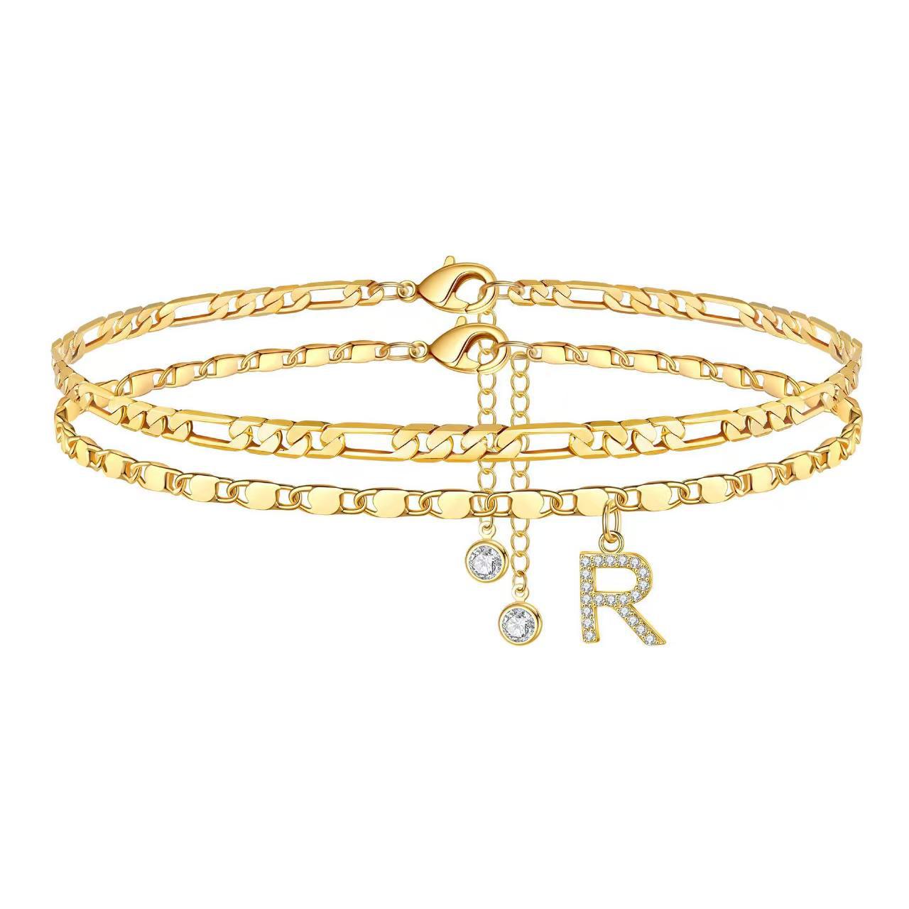 14k Gold Plated Layered Figaro Chain Anklet Set With Cz Initials_voghion.com
