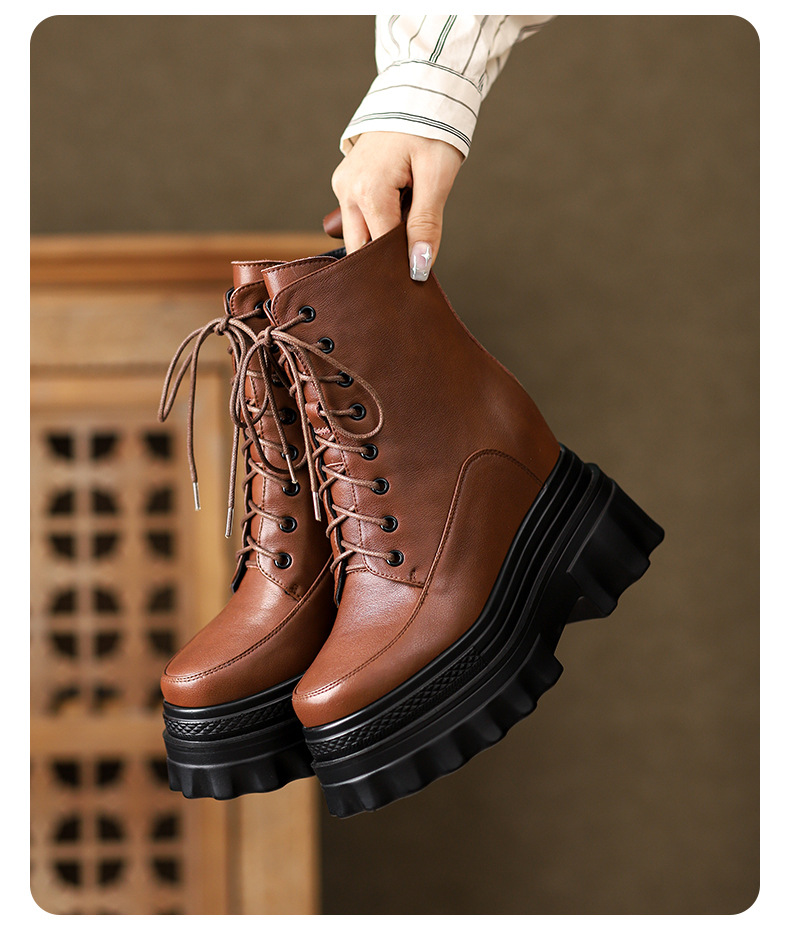 Boot nữ đế tăng chiều cao 10cm dây buộc mùa thu đông — Lớp lót nhung đen, Lớp lót đơn màu nâu sẫm, Lớp lót đơn màu đen, Lớp lót nhung màu nâu sẫm chi tiết 7