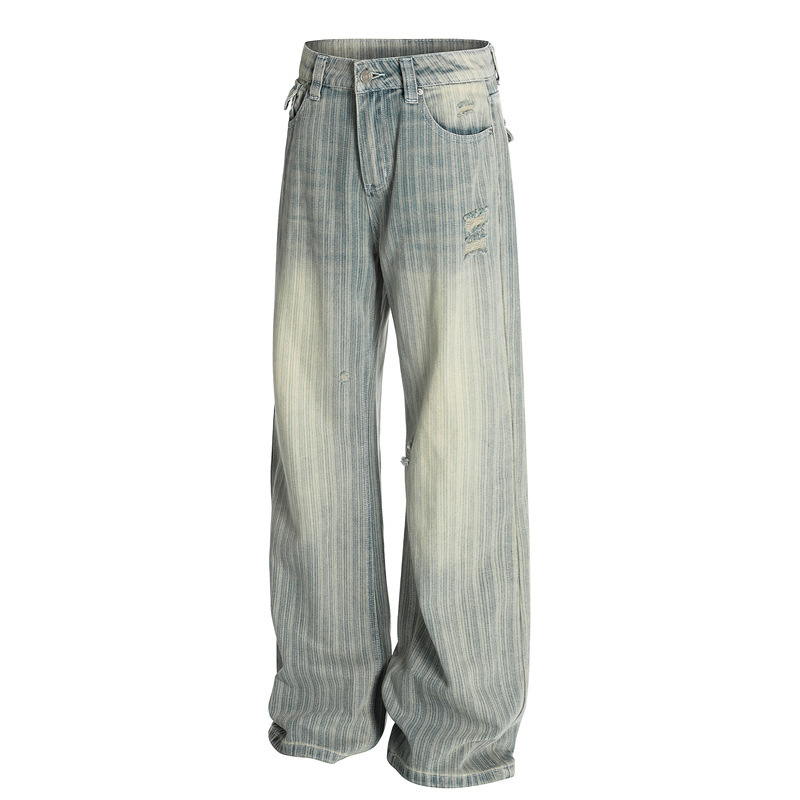 Dc+Z011 American Retro Washed Vertical Stripesd Jeans for Men and Women Loose American Cleanfit High Street Pants