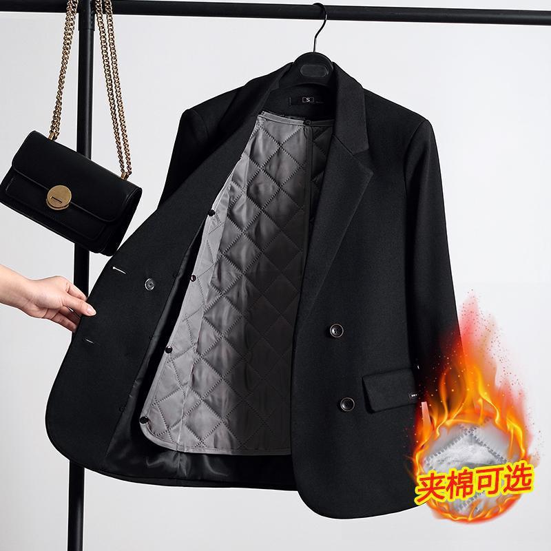 跨境黑色毛呢西装外套女秋冬加厚新款小个子休闲呢子夹棉西服大衣