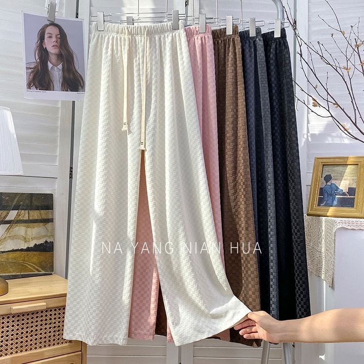 Summer New Ice Silk Cotton Checkerboard Wide Leg Pants High Waist Loose Slimming Straight Pants Dipped Casual Trailing Pants for Women