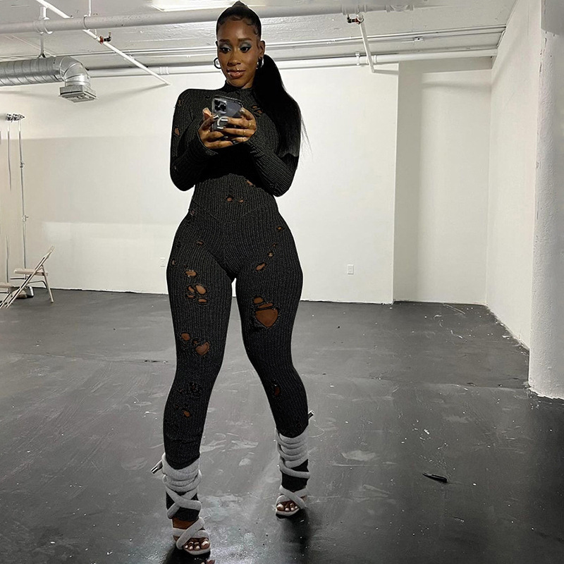 Estilo europeo y americano 2024 nueva tendencia de otoño personalidad calle tejido agujero hueco cintura alta pantalones ajustados de una pieza mujer