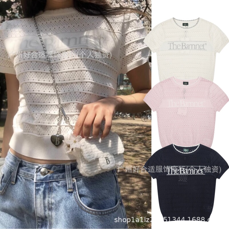 The Barnnet Korean Niche Brand Banaijia's New Letter Jacquard Puff Sleeve Hollow Knit Sweater with Round Neck and Short Sleeves The Barnnet Korean Niche Brand Banaijia's New Letter Jacquard Puff Sleeve Hollow Knit Sweater with Round Neck and Short Sleeves