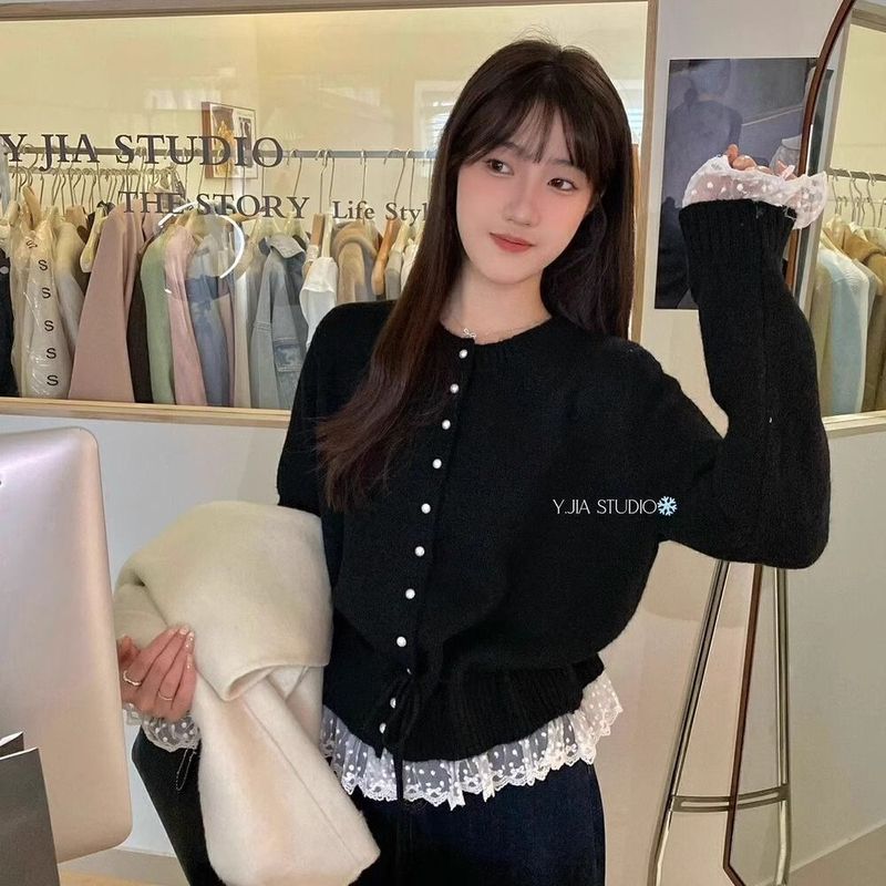 韩系甜美减龄蕾丝花边收腰系带毛衣女士冬季宽松显瘦百搭圆领上衣|undefined