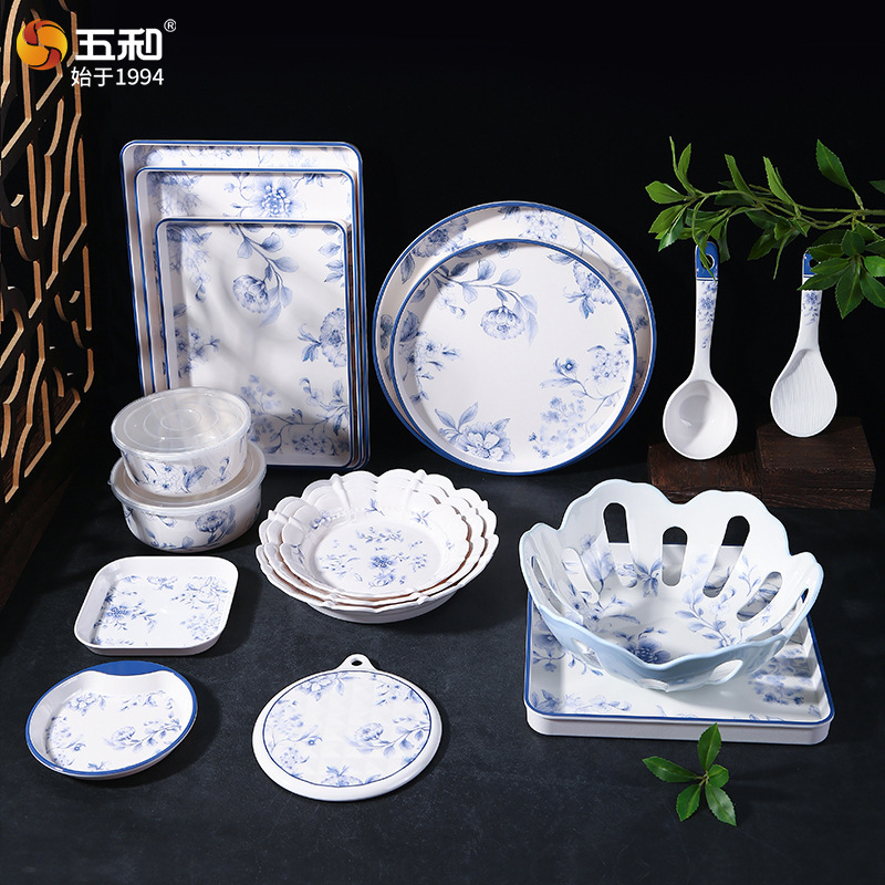 Wuhe Blue and White Collection Series Melamine Tableware Set Daily Use Kitchen Fresh-Keeping Bowl Hot Pad Soup Spoon Rice Spoon Fruit Plate