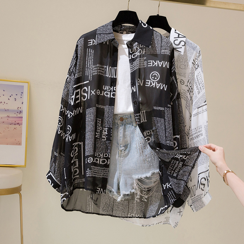 Damenbekleidung, lockeres Hemd, Damen, Sommer 2024, schickes Retro-Langarmshirt mit Zeitungsmotiv, Sonnenschutz, Cardigan für Damen_voghion.com