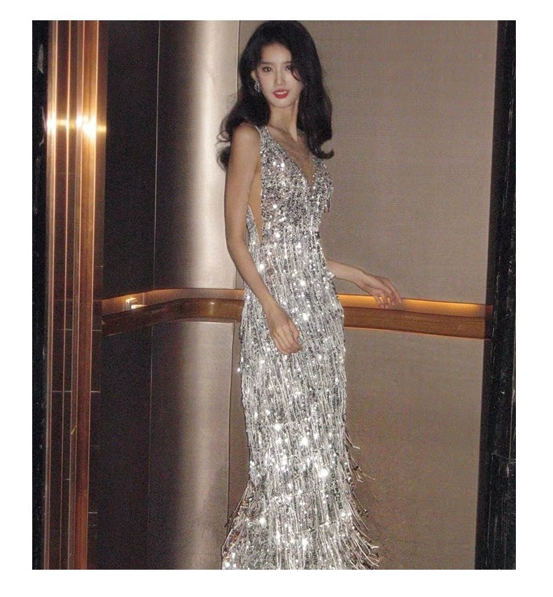Đầm dạ hội nữ đính sequin và tua rua phong cách Pháp — Màu trắng bạc chi tiết 3