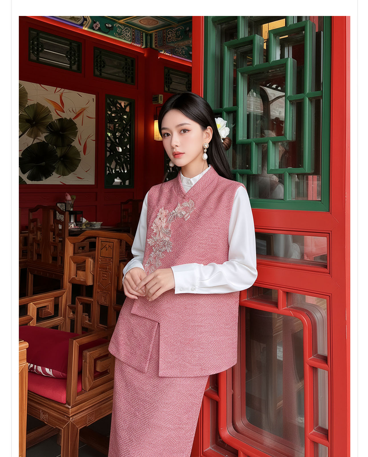 Bộ áo gile không tay và chân váy midi tân cổ điển đính cườm sang trọng — nửa váy, Trang chủ chi tiết 13