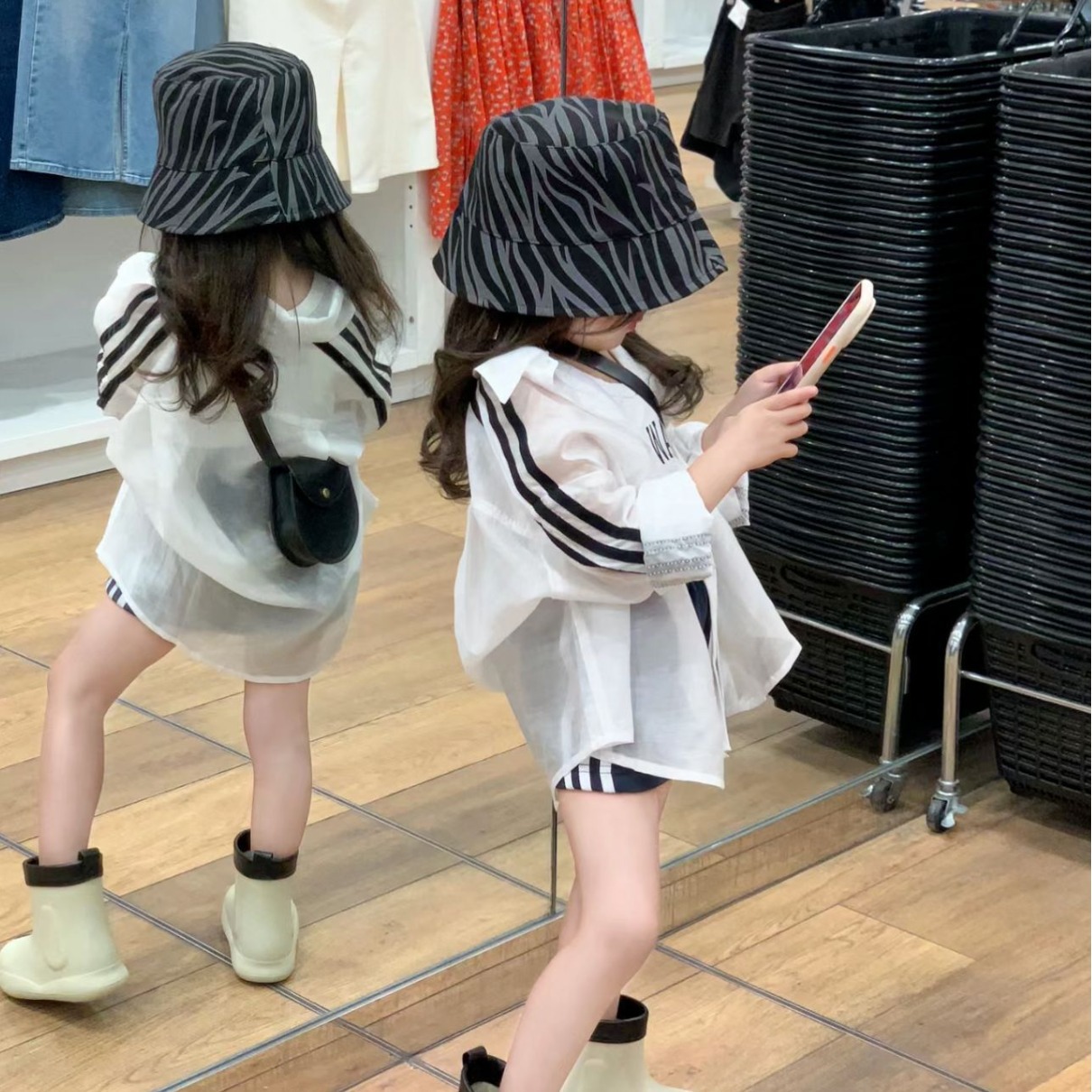 Take the 2023 summer girls' trendy thin three-bar sun protective set of shirt, crop top, and skirt separately