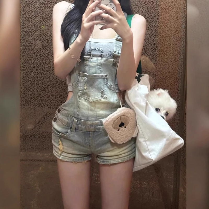 American Style Retro Old Washed Ripped Denim Strap Shorts Women's Summer Hot Girl Design Sense Hip Tight Shorts