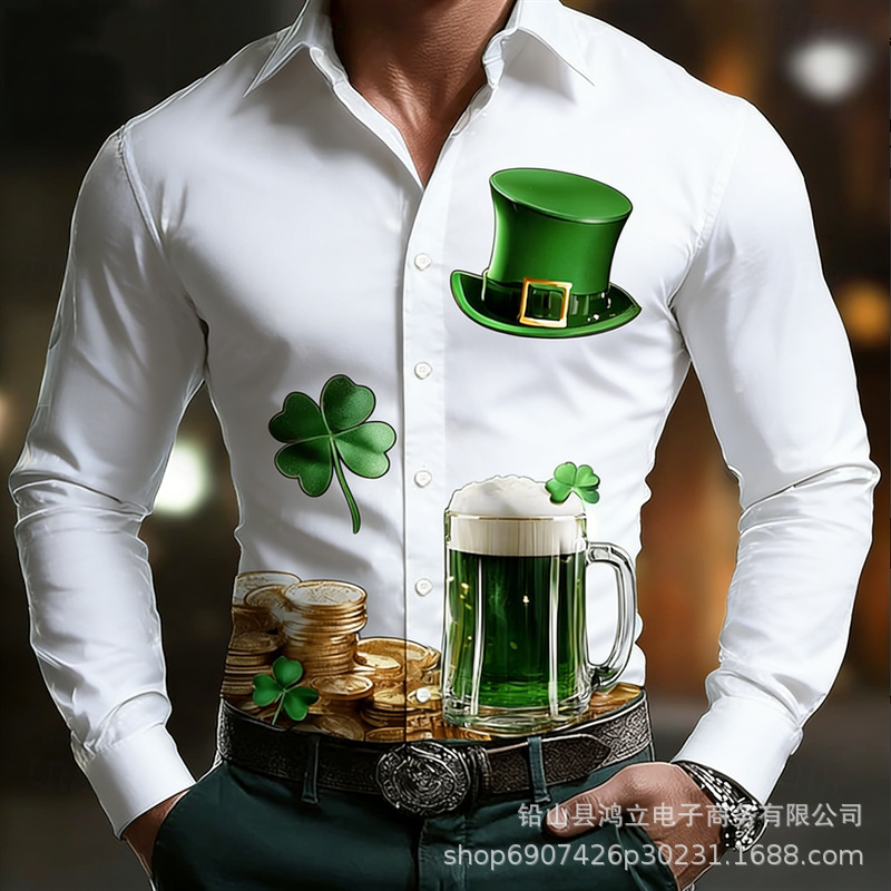 3D Stereo Clover Print Christmas Pattern Shirt Casual Men's Long-Sleeved Shirt Street Style Harajuku Style Top