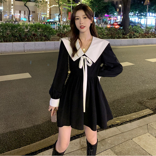 Sweet and Age-Defying Babydoll Neckline Dress for Women, Autumn French Belted Corseted Slimming Mini Skirt for Petite Figures