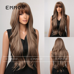 European and American hot-selling wigs, side-swept bangs, large waves, long curly hair, gradient brown, high-temperature silk, synthetic hair wig cap