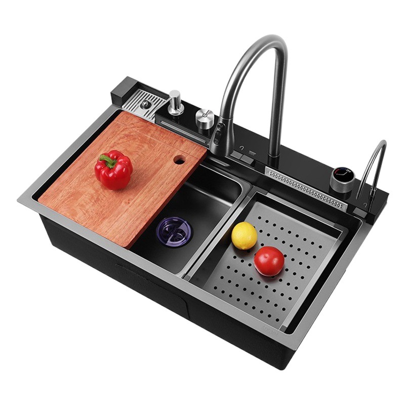 Ballena volar lluvia cascada fregadero nano acero inoxidable 304 hogar cocina vegetal lavabo pantalla digital en relieve grande sola ranura