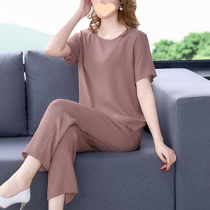 棉绸套装女夏季短袖新款大码纯色时尚外穿休闲大码中年妈妈两件套|undefined