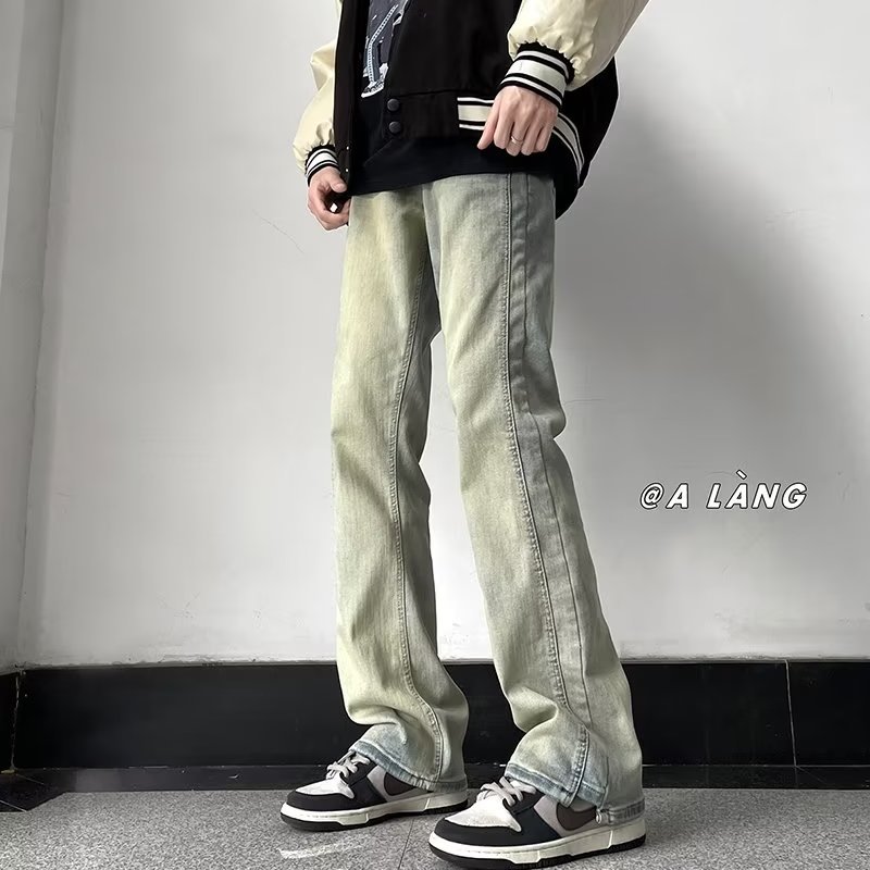 Pantalones de mezclilla teñidos de barro amarillo de alta calidad, belleza masculina, primavera y otoño, nuevos estilos, pantalones de pierna recta retro, control de red completo, alargado y súper largo