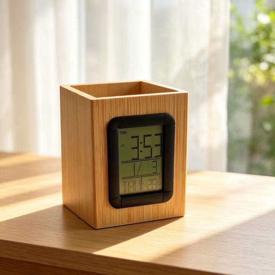 Todo bambú y madera lápiz reloj multifuncional temperatura y humedad despertador adornos en vivo comercio exterior suministro transfronterizo regalos al por mayor image 4