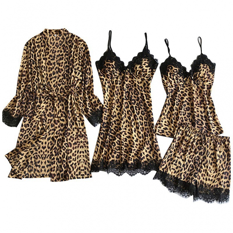Nueva seda europea y americana negra estampada leopardo ropa de casa pijama set de moda encaje pijama set al por mayor