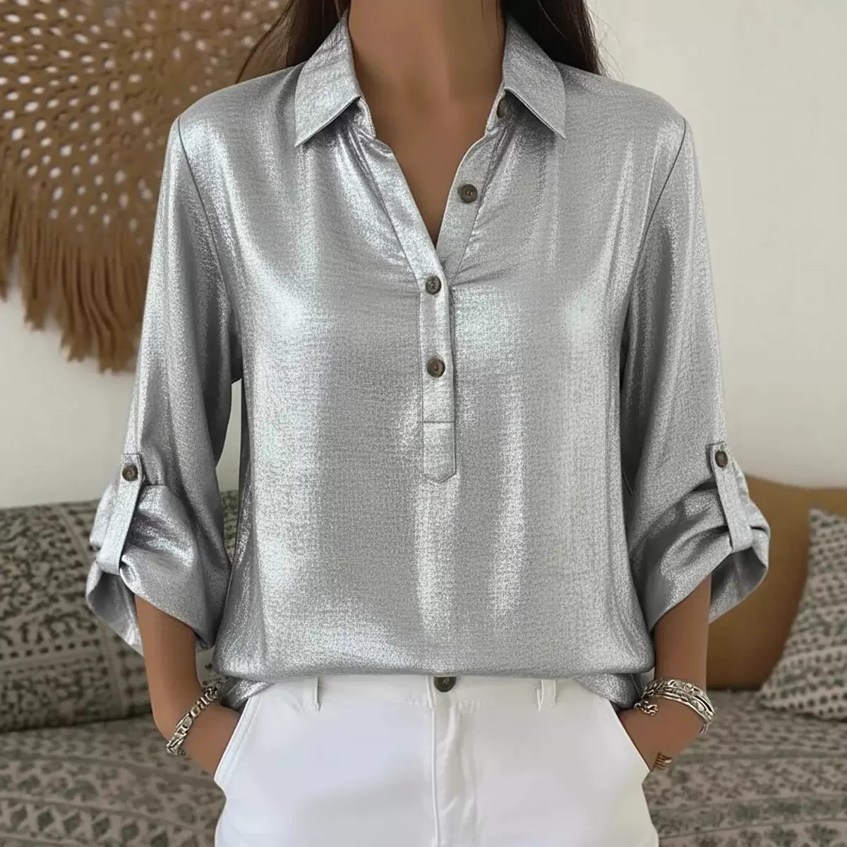 2025跨境欧美亚马逊外贸热卖新款翻领纯色长袖单排扣衬衫上衣女装