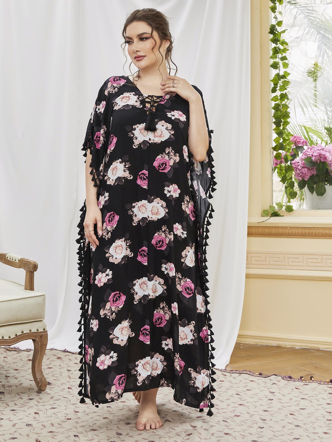 plus size short-sleeved loose Tassels long floral nightgown Loungewear-Can be worn outside NSWFC130409