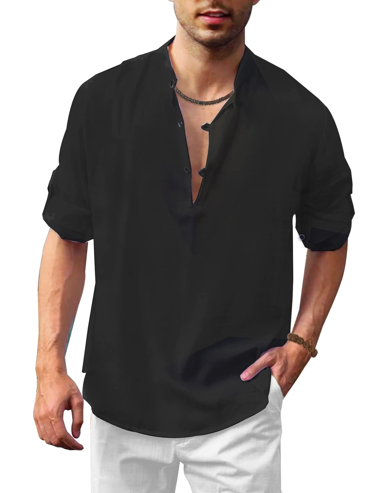 2022 Amazon estación independiente Comercio exterior Otoño e Invierno hombres Lino Henley camisa soporte collar manga larga casual playa camisa