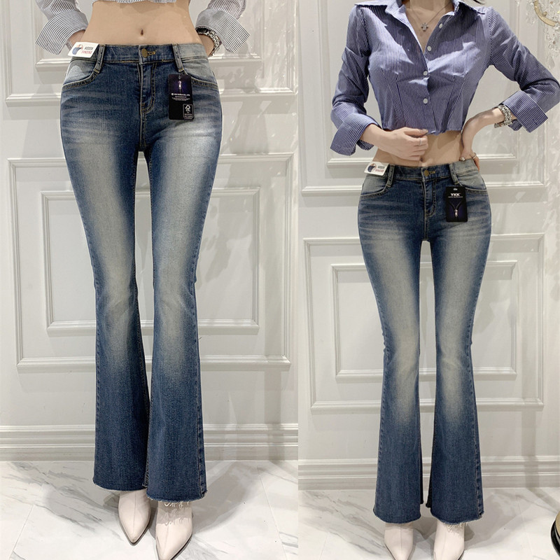 Vintage Washed Blue Low-Waist Micro-Lar Jeans Women's Korean-Style New Elegant Slim-Fit Stretch Elegant Trendy Trousers