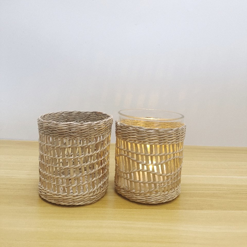 跨境外贸批发草编编透明蜡烛罐香薰杯玻璃杯ins容器装饰摆件
