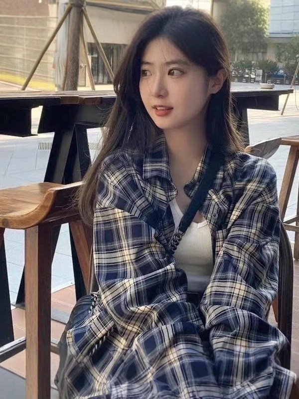 美式长袖格子衬衫春秋复古新款宽松慵懒风小个子衬衣上衣休闲外套|undefined
