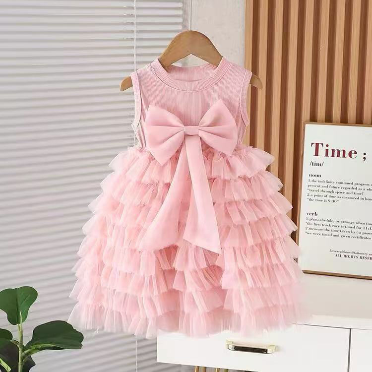 Children's Mesh Princess Cake Girls' Sleeveless Bow Dress, Stylish And Sweet Ruffled Puffy Long Dress_voghion.com