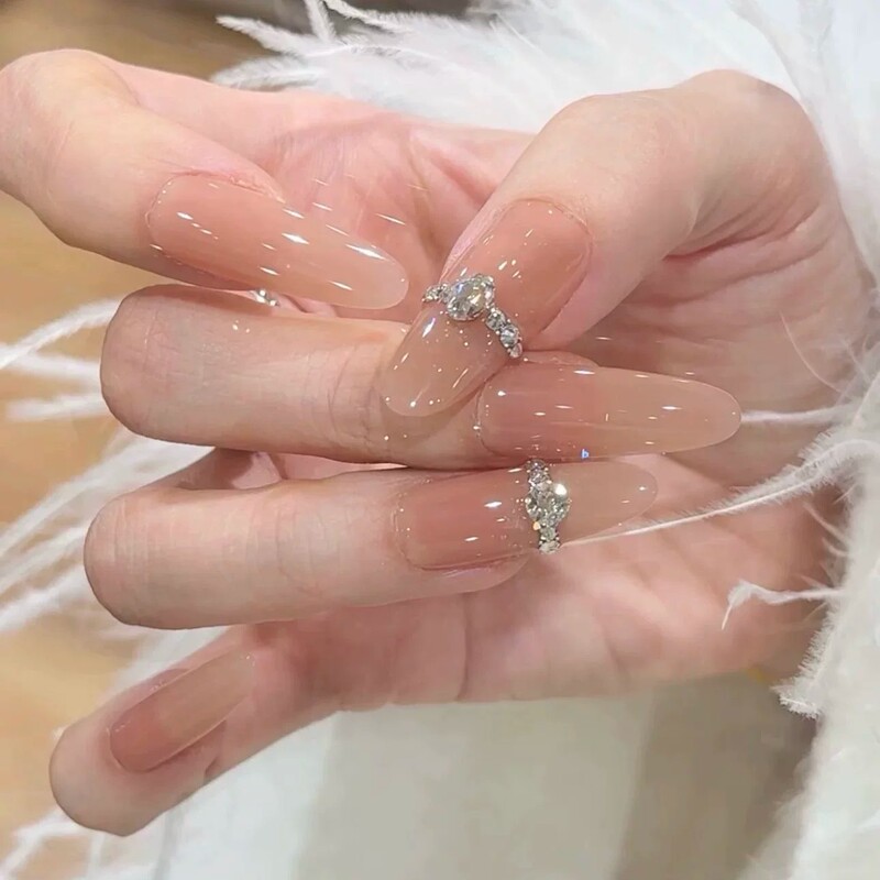 Colorful Her - [Nude Diamond Ring] High-End Wearable Nail Tips with Summer Handmade Diamond Nail Art, Cat-Eye Rhinestones That Enhance Complexion