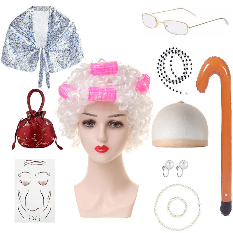 Amazon nueva abuela peluca abuelo pelo vieja dama vieja peluca chal traje accesorios traje