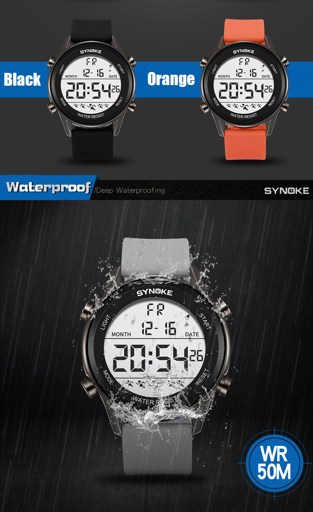 SYNOKE Men's Sports Silicone Electronic Watch Waterproof Luminous Large Screen Outdoor Mountaineering Watch Running Student Fashion_voghion.com