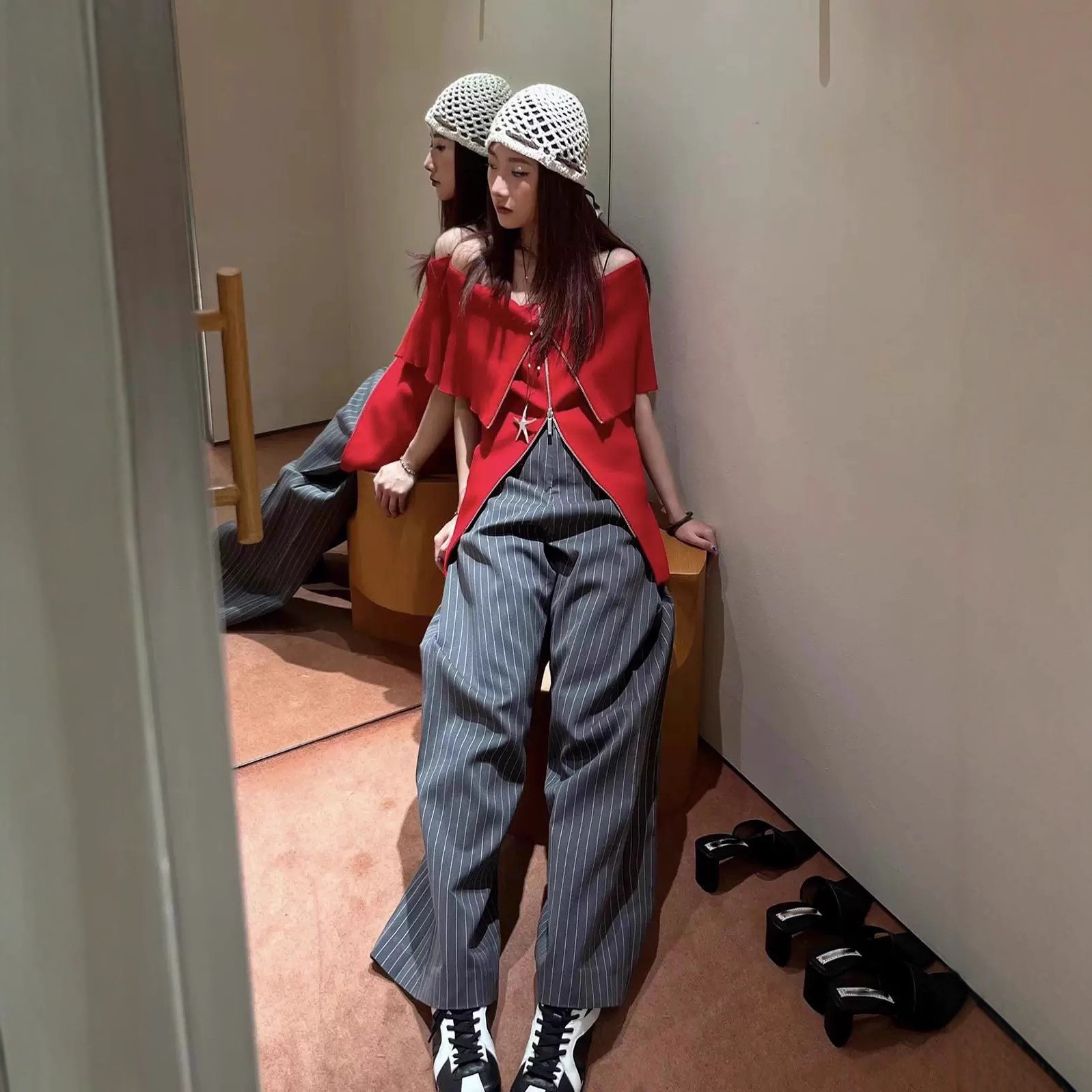 [in Stock] 26 Spring and Autumn New Style Elegant Side Pleated Silhouette Suit Pants Adjustable High Waist Wide Leg Long Pants for Women