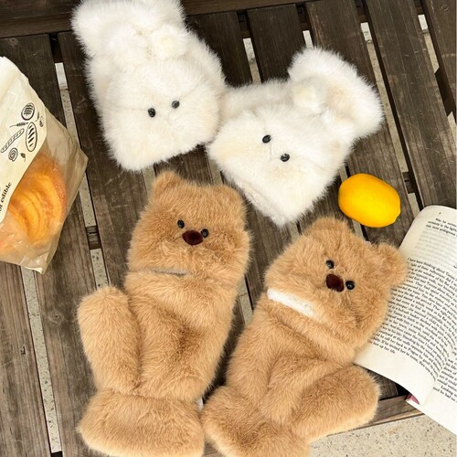 Cute Bear Fleece Half-Finger Foldable Gloves for Women - Winter Student Writing, Cycling, Windproof, Coldproof, Warm and Cozy Cotton Gloves