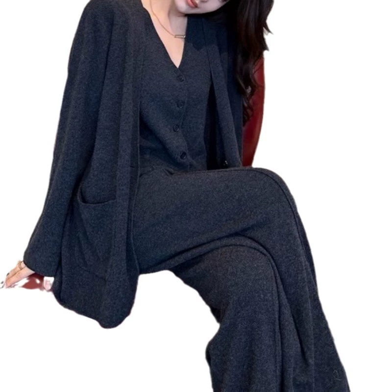 Демисезонный комплект, кардиган, жилет, брюки, французский стиль, oversize, набор из 3 предметов