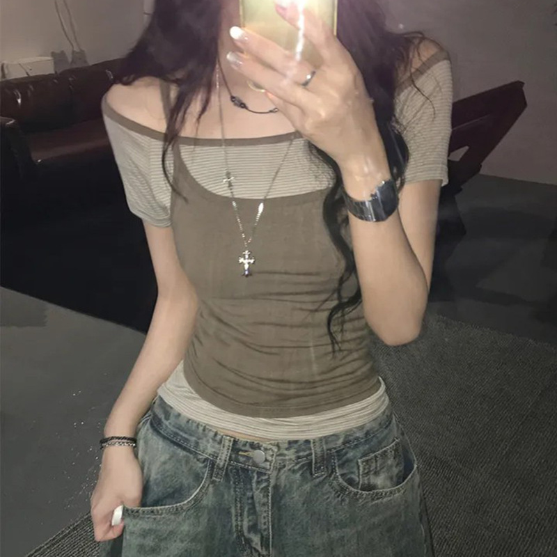 纯欲辣妹风撞色修身休闲两件套上衣跨境夏季圆领T恤叠穿小吊带女|undefined