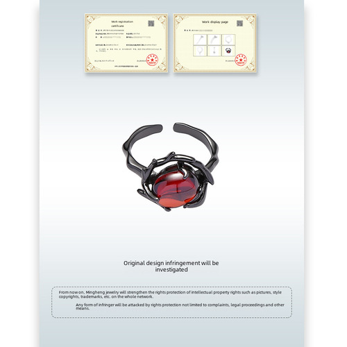 Pomegranate Red Ring Original Design Dark Style Trendy Cool Black Alloy Versatile Exquisite Open Finger Ring Tail Ring