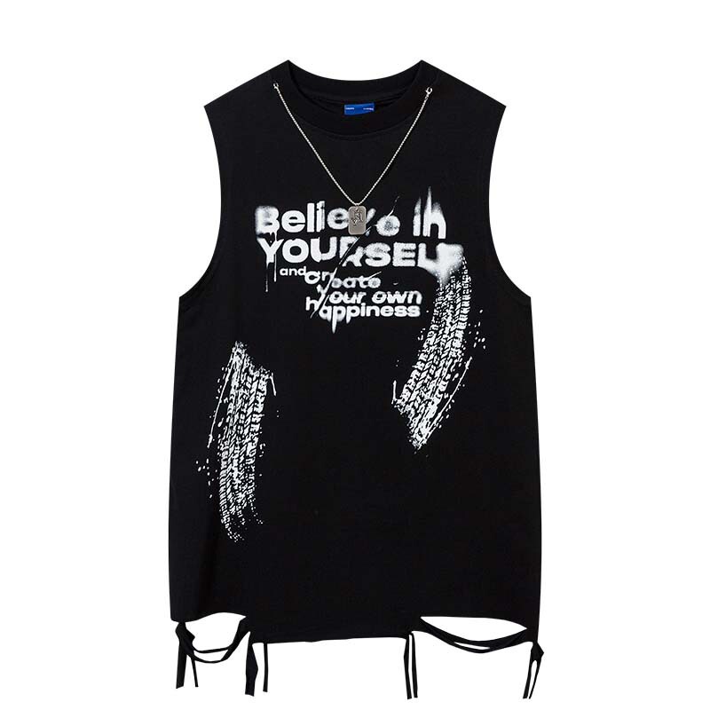 High Street American Graffiti Fuzzy Letter Print Necklace Decorative Vest Unisex Fashioned Brand Loose Casual Top