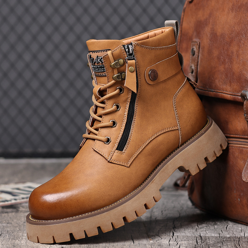 Cross-Border Martin Boots Men's High-Top Autumn and Winter New Velvet Warm British Retro Mid-Top Leather Shoes Work Boots