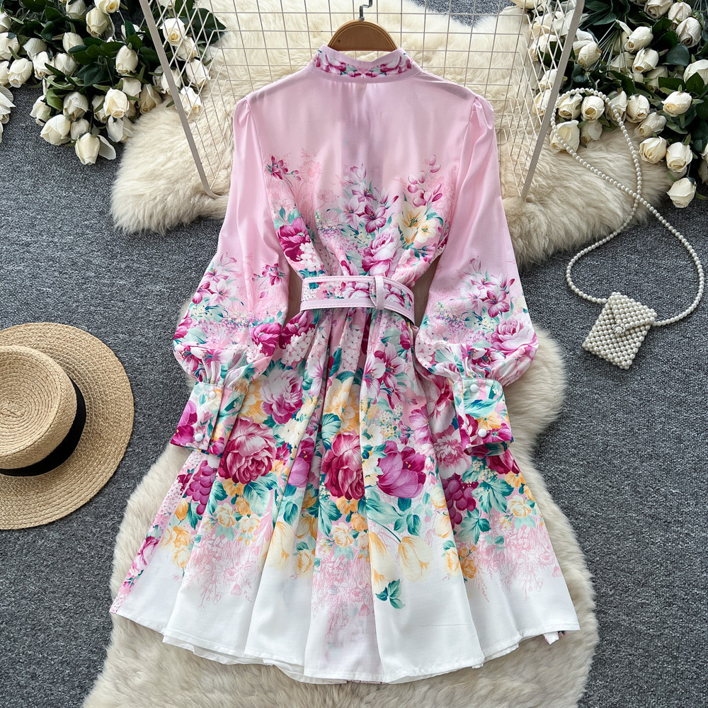 Elegant Stand Collar Lantern Sleeve Printed Dress for Women Autumn Youthful And Flattering a Line Skirt with a Belt_ecoleips.com