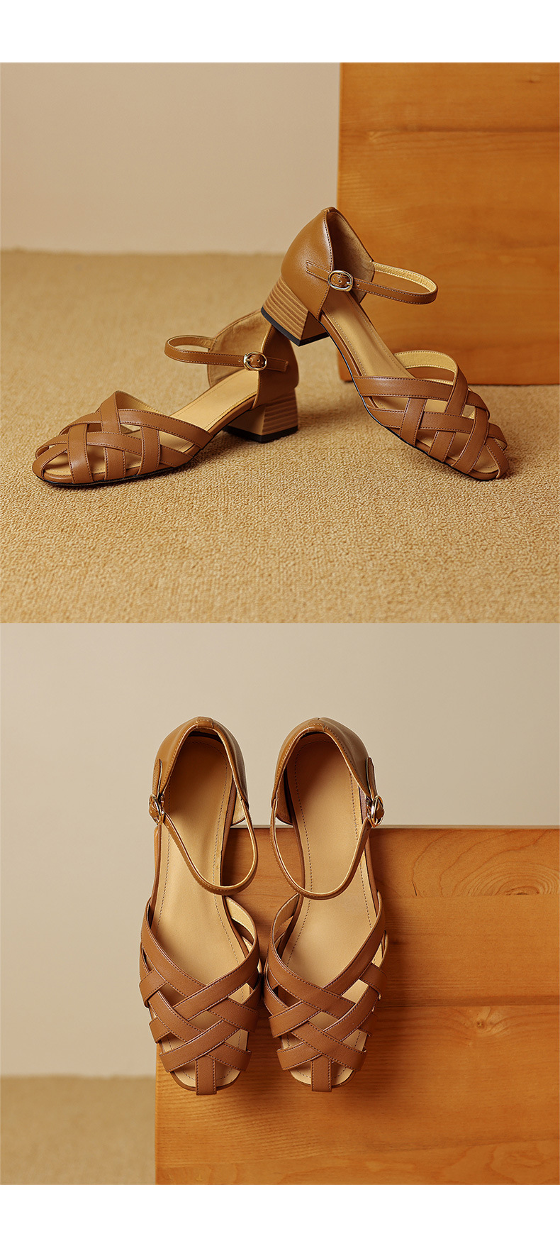 Sandal nữ bít mũi quai ngang da bò thật gót vuông ổn định phong cách La Mã — Màu nâu chi tiết 17