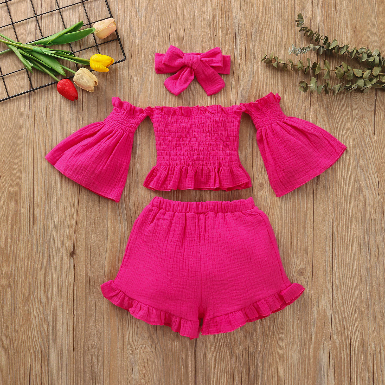 Fashion Solid Color Cotton Blend Pleated Pants Sets Baby Clothes display picture 2