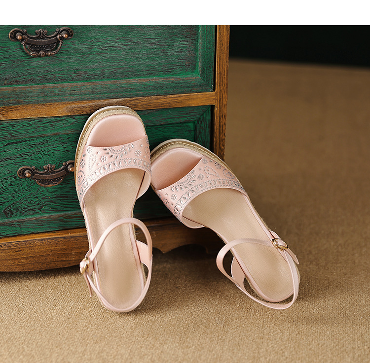 Sandal cao gót nữ quai ngang đế xuồng mũi hở phong cách boho — Xanh lá cây nhạtcolor, màu hồng, màu trắng ngà chi tiết 17