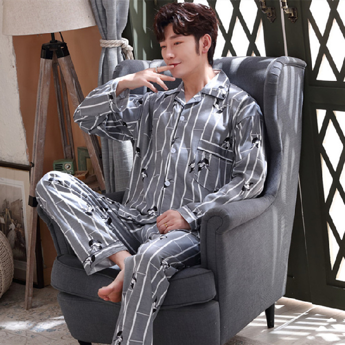 Transmisión en vivo de nuevos pijamas de hombre primavera y otoño de tamaño grande casero ocio relajado dos piezas de ropa de casa para hombres micro comercio