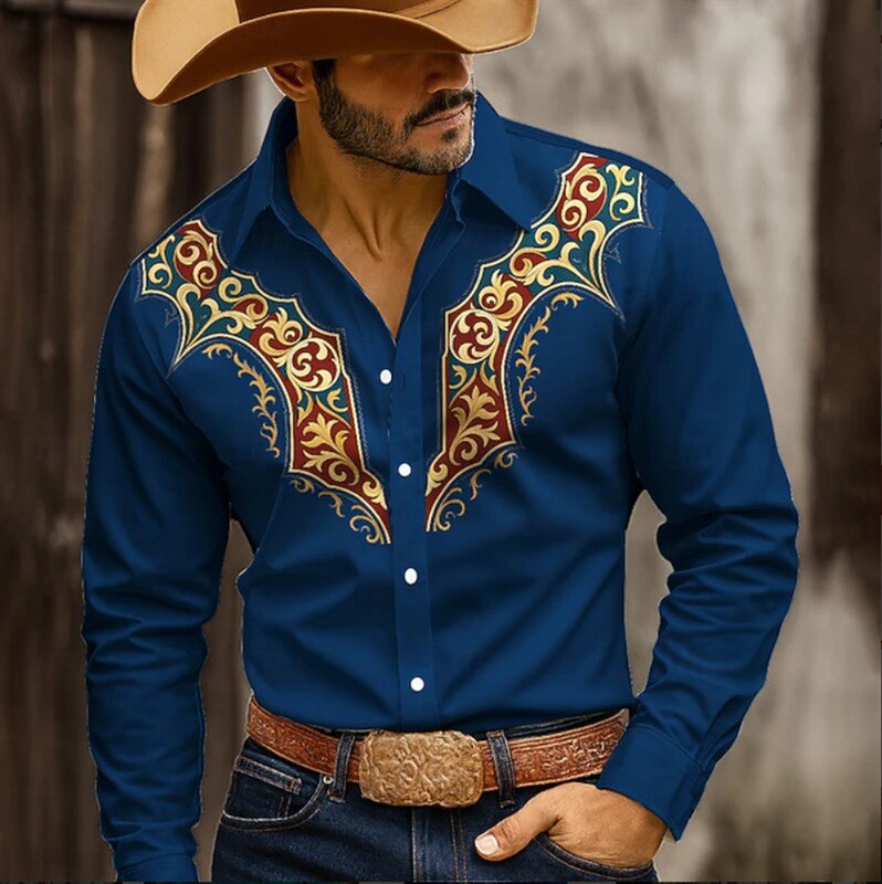 New Men's Long-Sleeved Shirt 3D Printed Cardigan Shirt with Western Retro Floral Pattern for Young and Middle-Aged Men