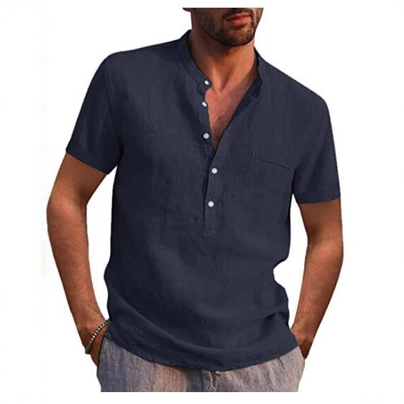 2022 AliExpress deseo Amazon Venta caliente de los hombres de manga corta con cuello en V casual ropa de playa camisa de lino de los hombres