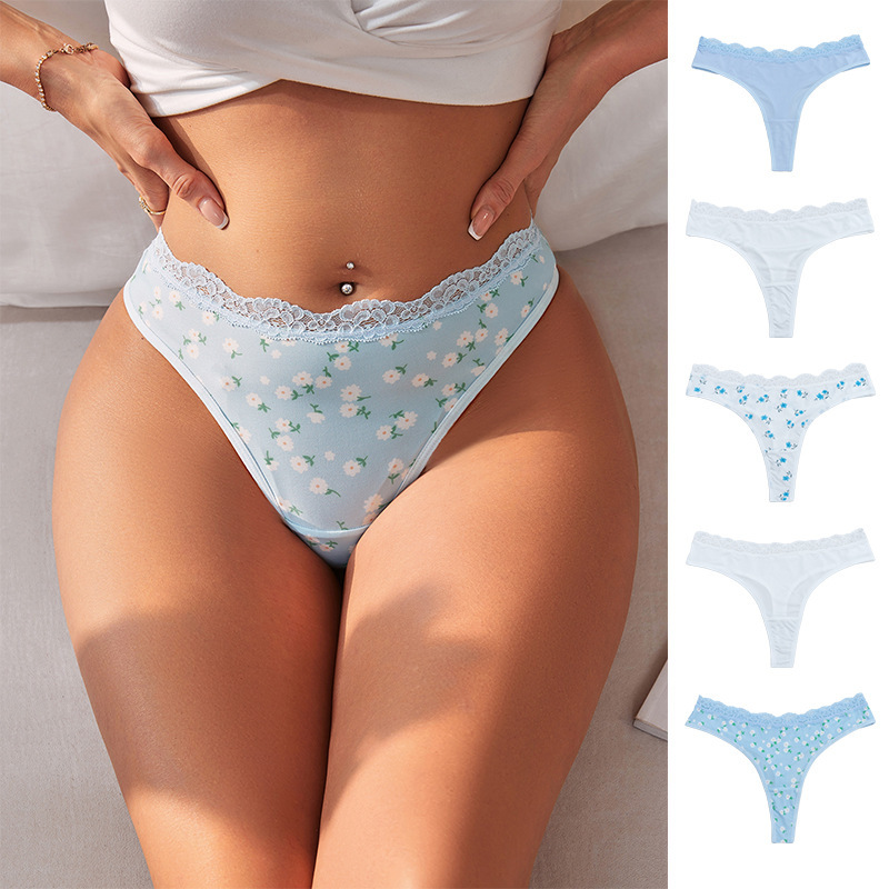 Customized Floral Print Lace-Trimmed Mid-Waist Seamless Butt-Lifting Pure Cotton Antibacterial Crotch Thong for Women