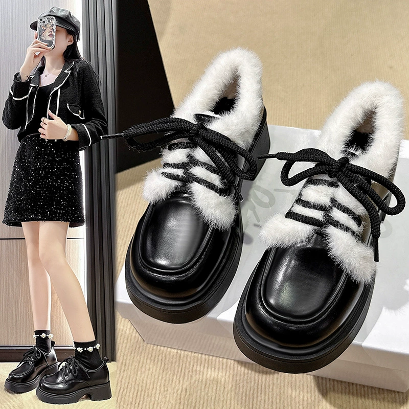 Меховые туфли женские туфли в британском стиле маленькие кожаные туфли осенью и зимой новые бархатные теплые хлопчатобумажные туфли на толстой подошве Lefu jk одиночные туфли