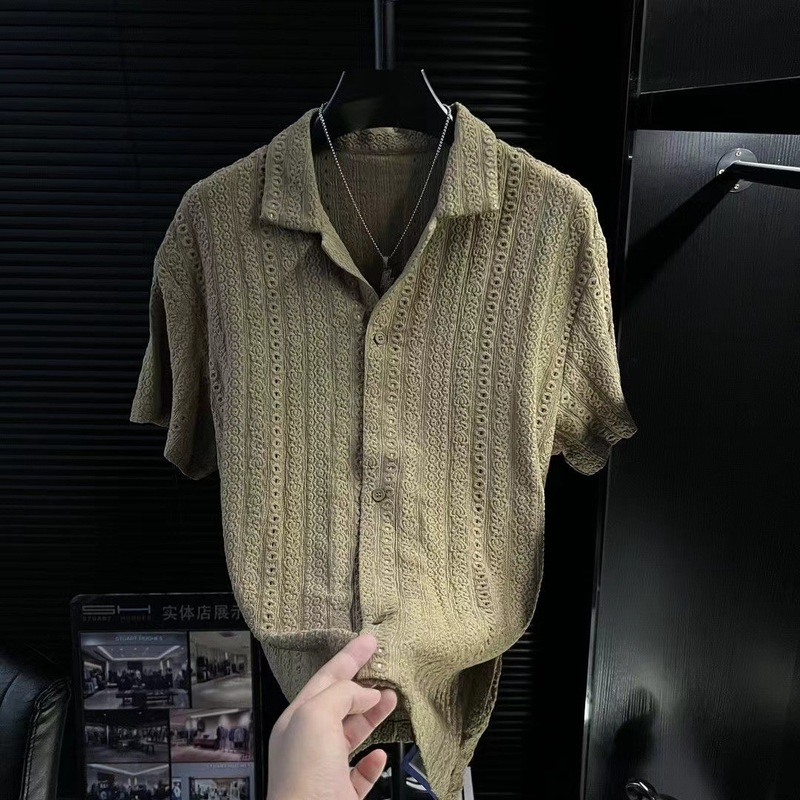 白色镂空短袖衬衫男夏季南美复古冰丝凉感古巴领衬衣cleanfit半袖|undefined